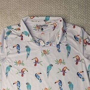 Chubbies Kids YXL Performance Polo Shirt Tropical Bird Toucan Parrot Gray Short